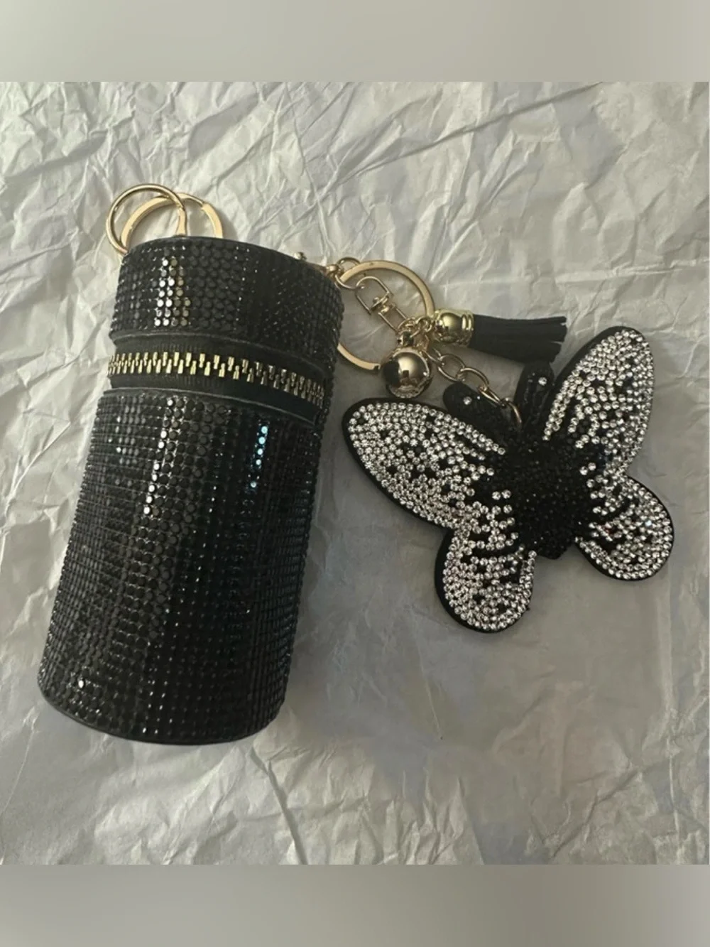 Black Rhinestone Lipstick Case with Butterfly Keychain/Bag Charm